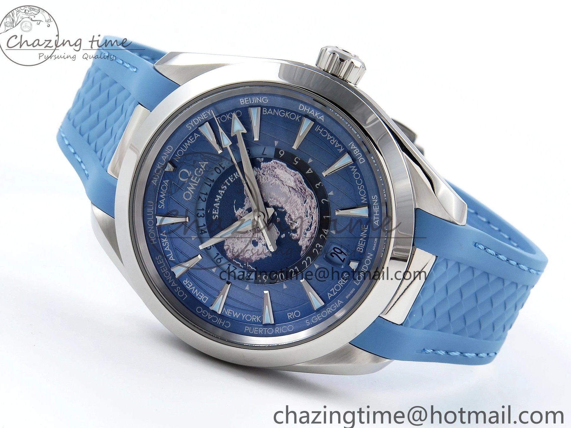 0201 GoAnywhere Aqua Terra GMT Worldtimer 43mm VSF 1:1 Best Edition Summer Blue Dial on Blue Rubber Strap A8938 Super Clone 7722